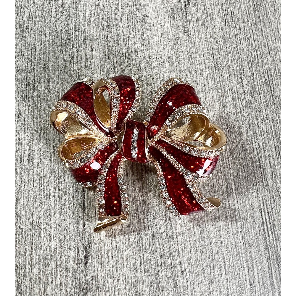 Macy's Enamel Bow Brooch Gold Tone Rhinestone Christmas Holiday Pin